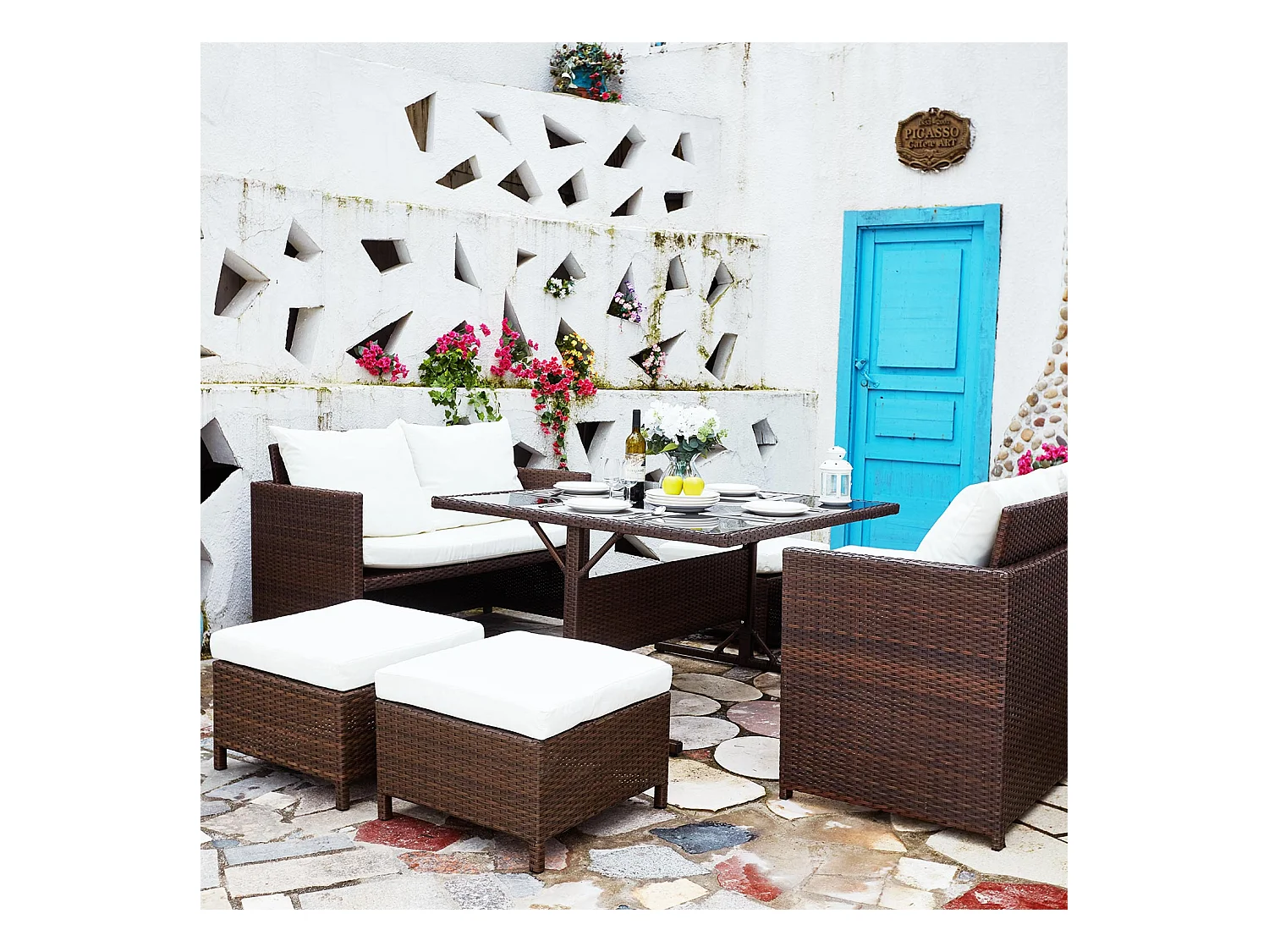 Salon de jardin encastrable 8 places en résine marron- blanc NOUMÉA