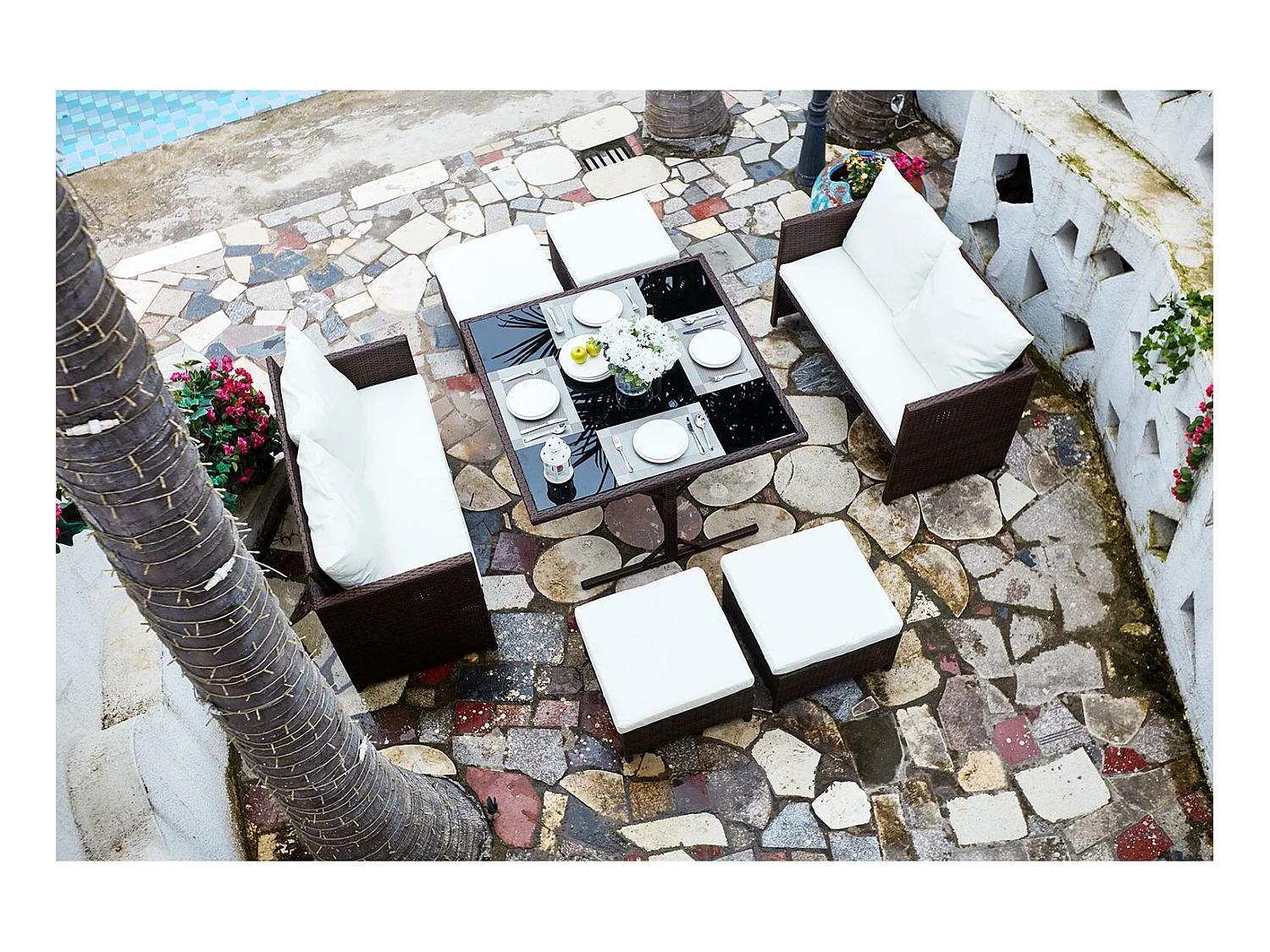 Salon de jardin encastrable 8 places en résine marron- blanc NOUMÉA