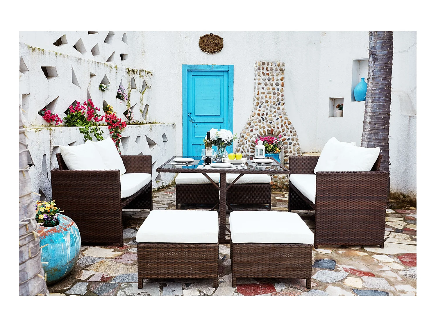 Salon de jardin encastrable 8 places en résine marron- blanc NOUMÉA