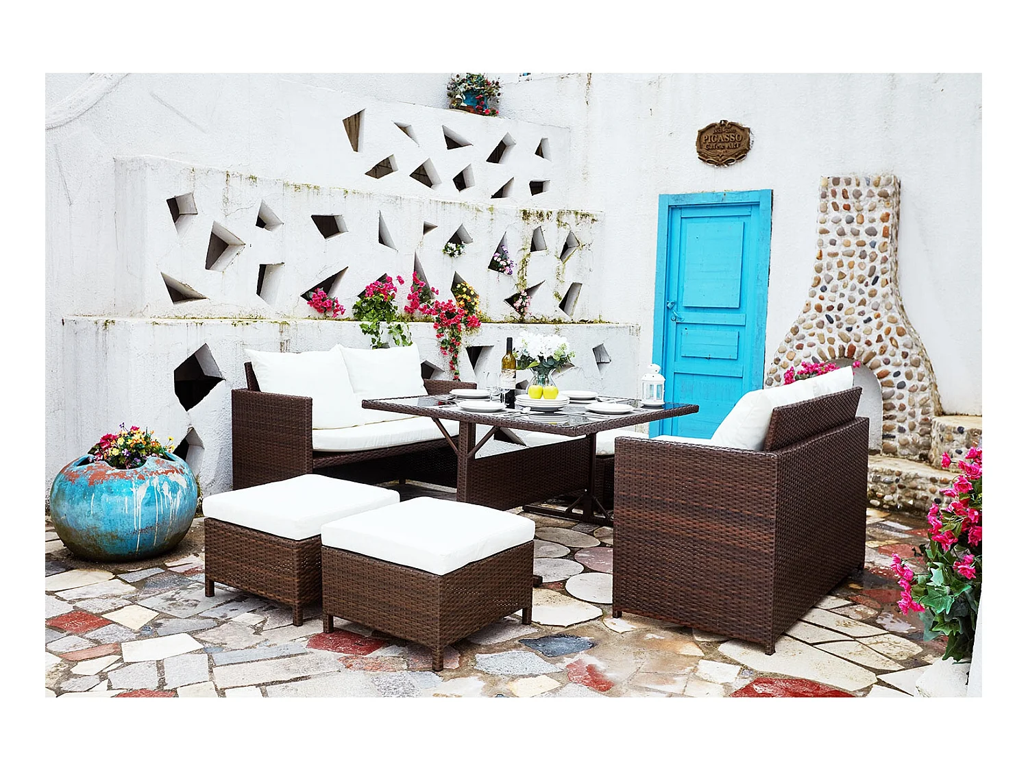 Salon de jardin encastrable 8 places en résine marron- blanc NOUMÉA