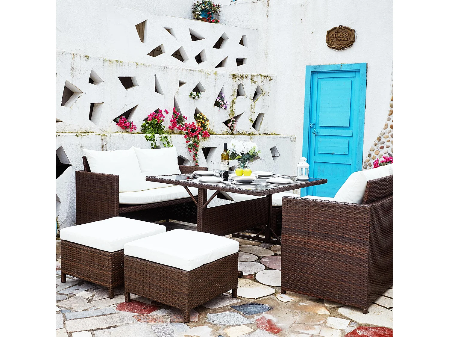 Salon de jardin encastrable 8 places en résine marron- blanc NOUMÉA