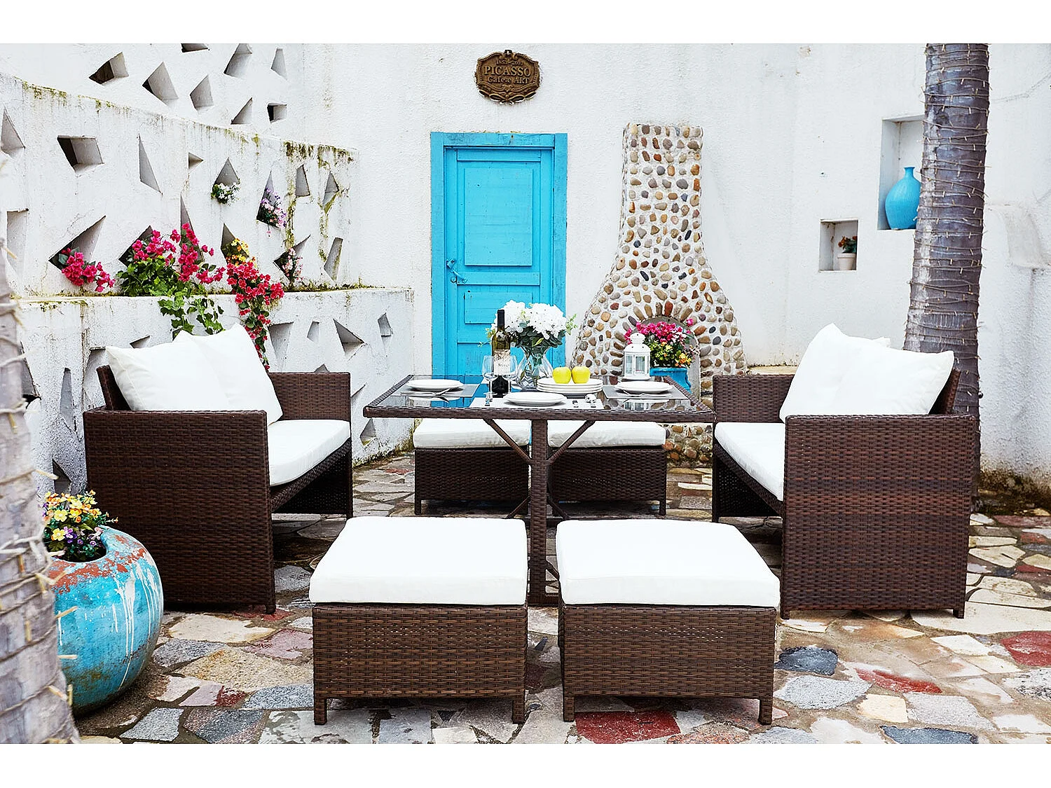 Salon de jardin encastrable 8 places en résine marron- blanc NOUMÉA