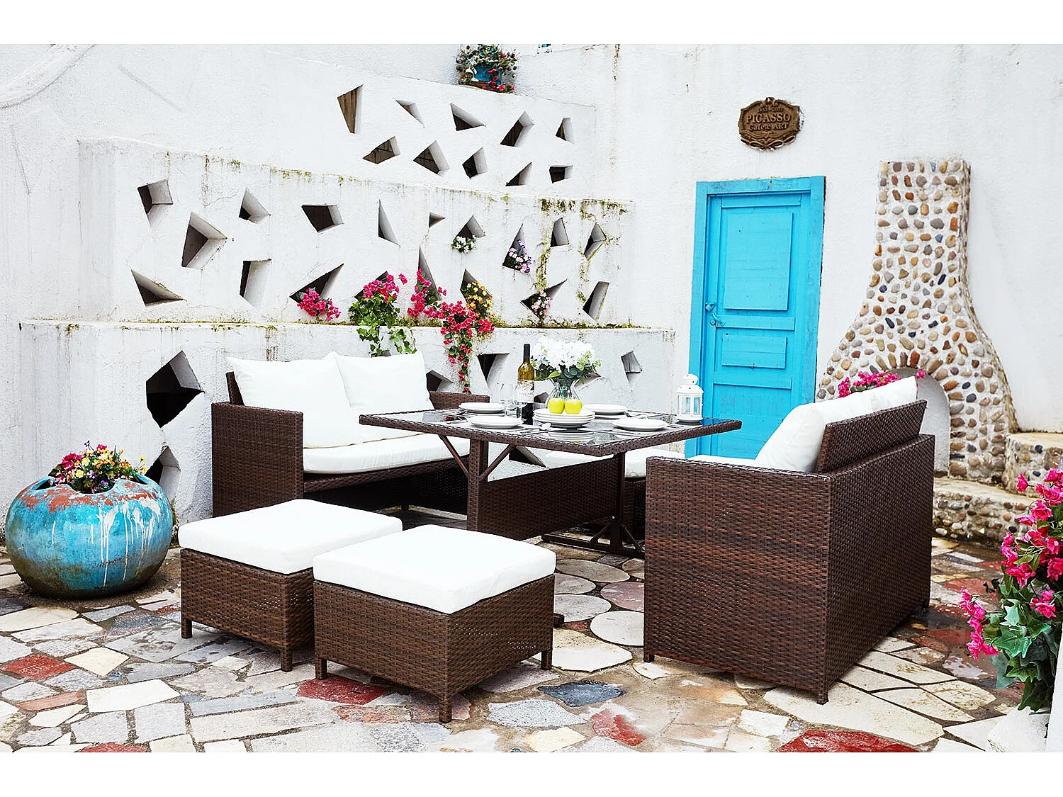 Salon de jardin encastrable 8 places en résine marron- blanc NOUMÉA