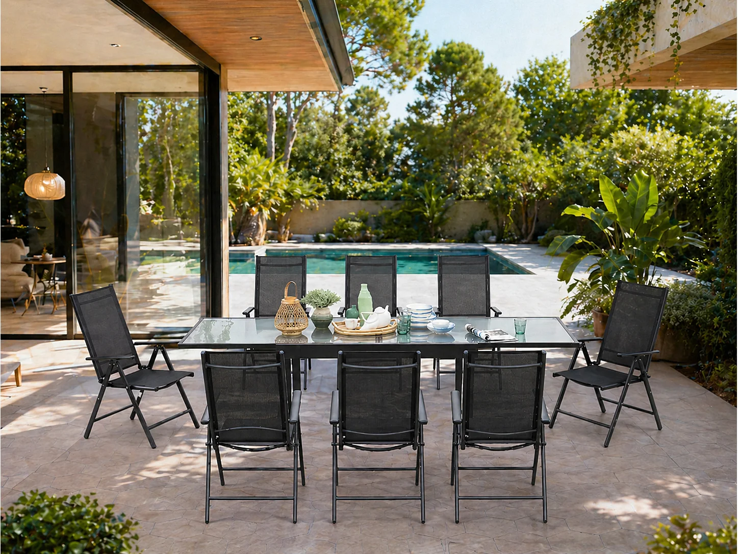 Conjunto de jardín de aluminio: mesa extensible + 8 sillas textileno BRESCIA