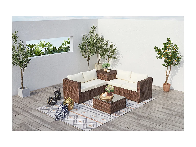 4-Sitzer Gartenmöbel-Set aus braun-weißem Rattan mit integrierter Truhe - Bequem und trendy