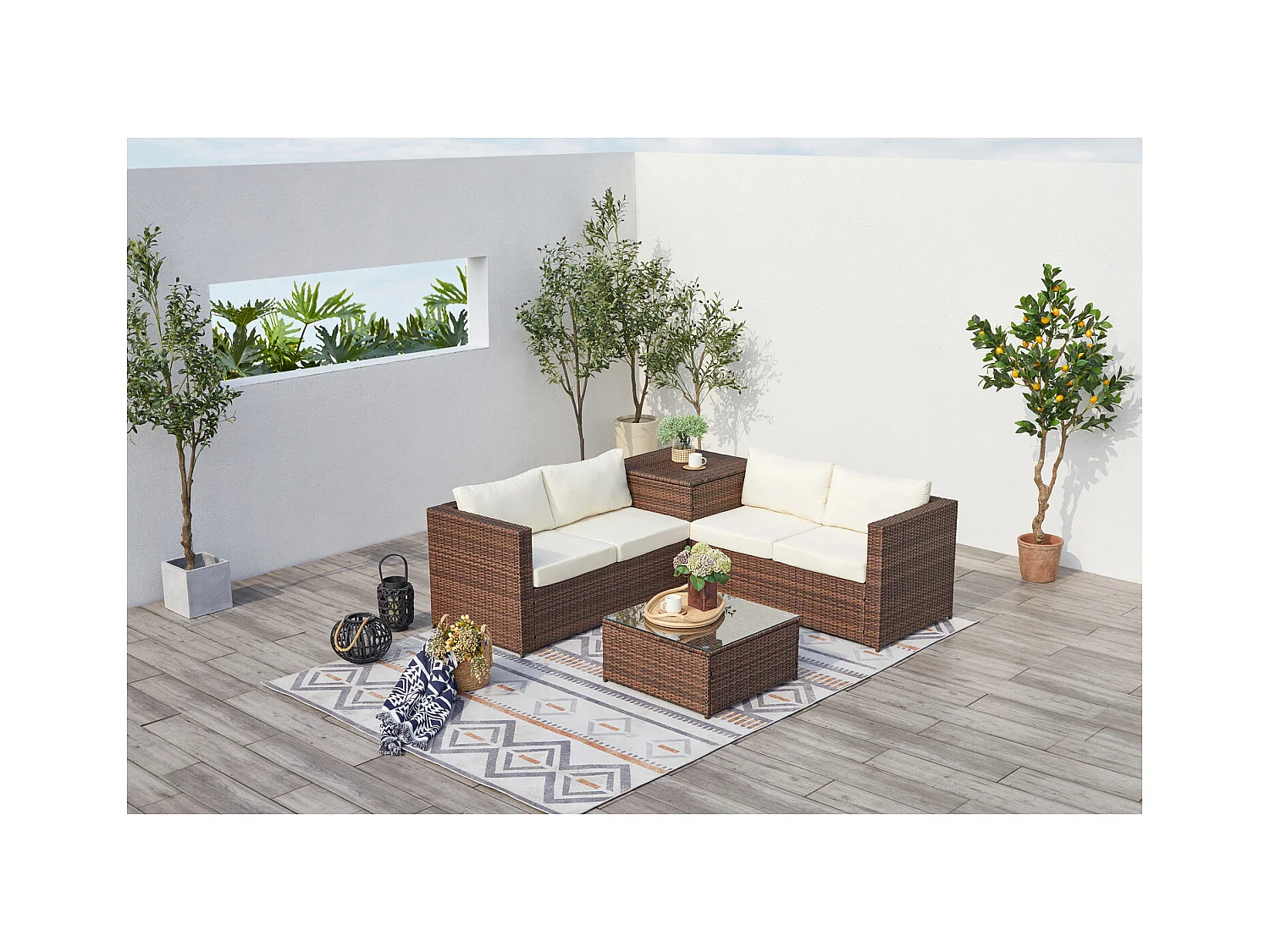 Salon de jardin en résine tressée 4 places avec coffre intégré marron et blanc SILANG