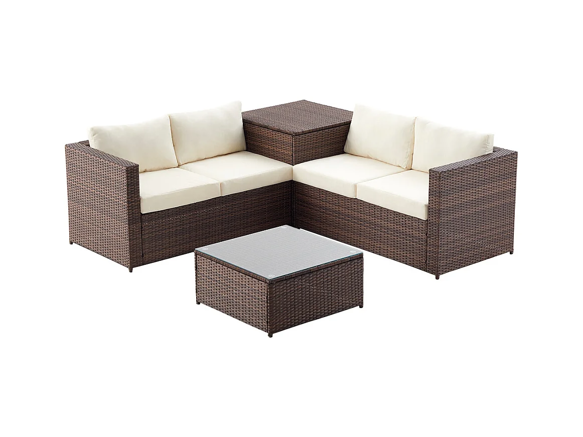 Salon de jardin en résine tressée 4 places avec coffre intégré marron et blanc SILANG