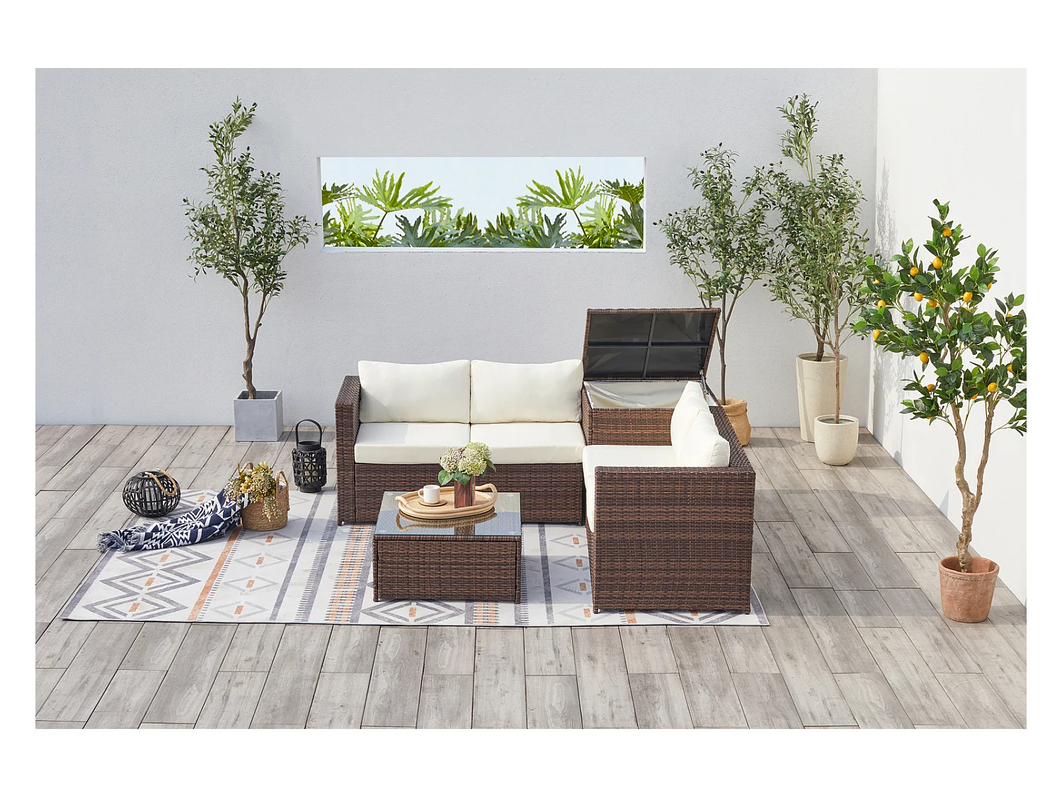 Salon de jardin en résine tressée 4 places avec coffre intégré marron et blanc SILANG