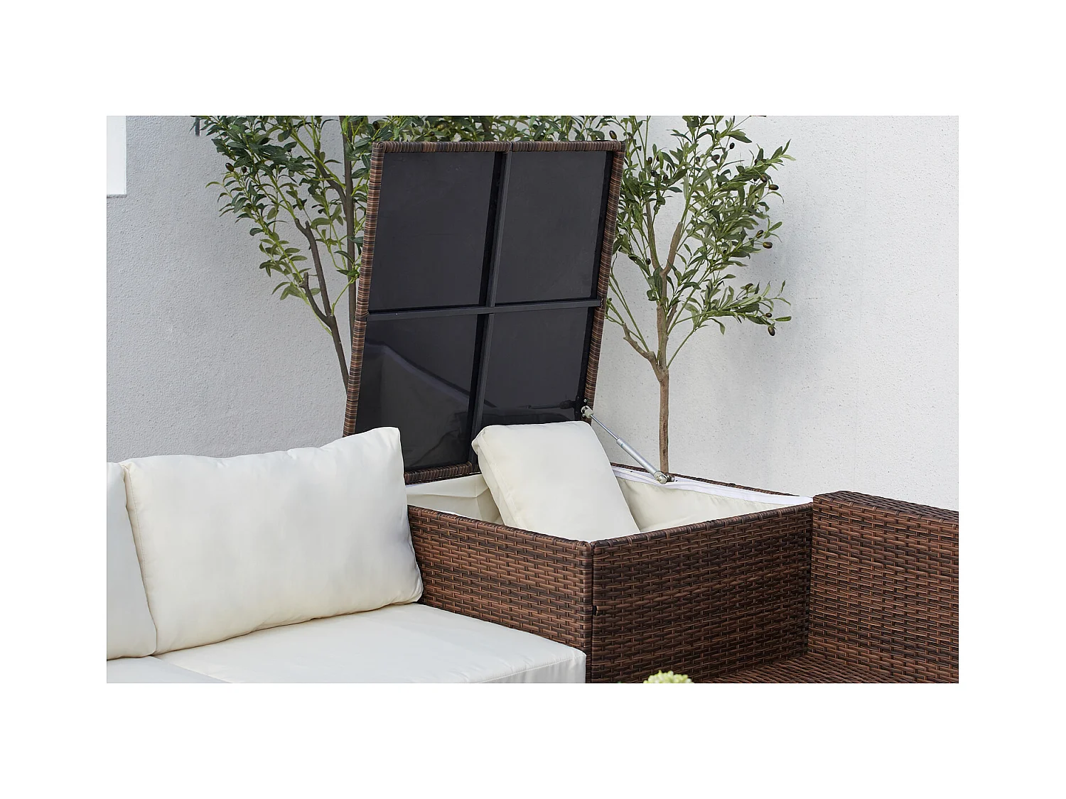 Salon de jardin en résine tressée 4 places avec coffre intégré marron et blanc SILANG