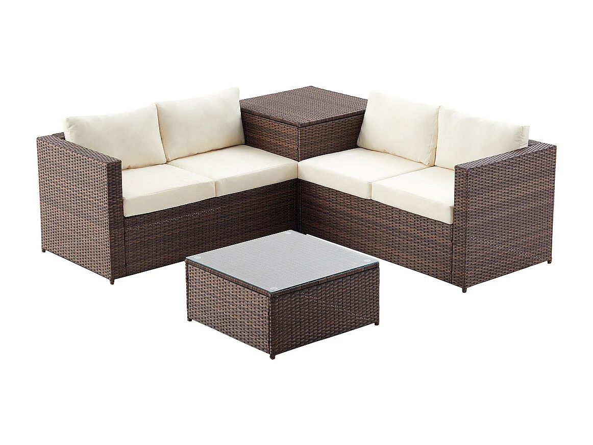 Salon de jardin en résine tressée 4 places avec coffre intégré marron et blanc SILANG