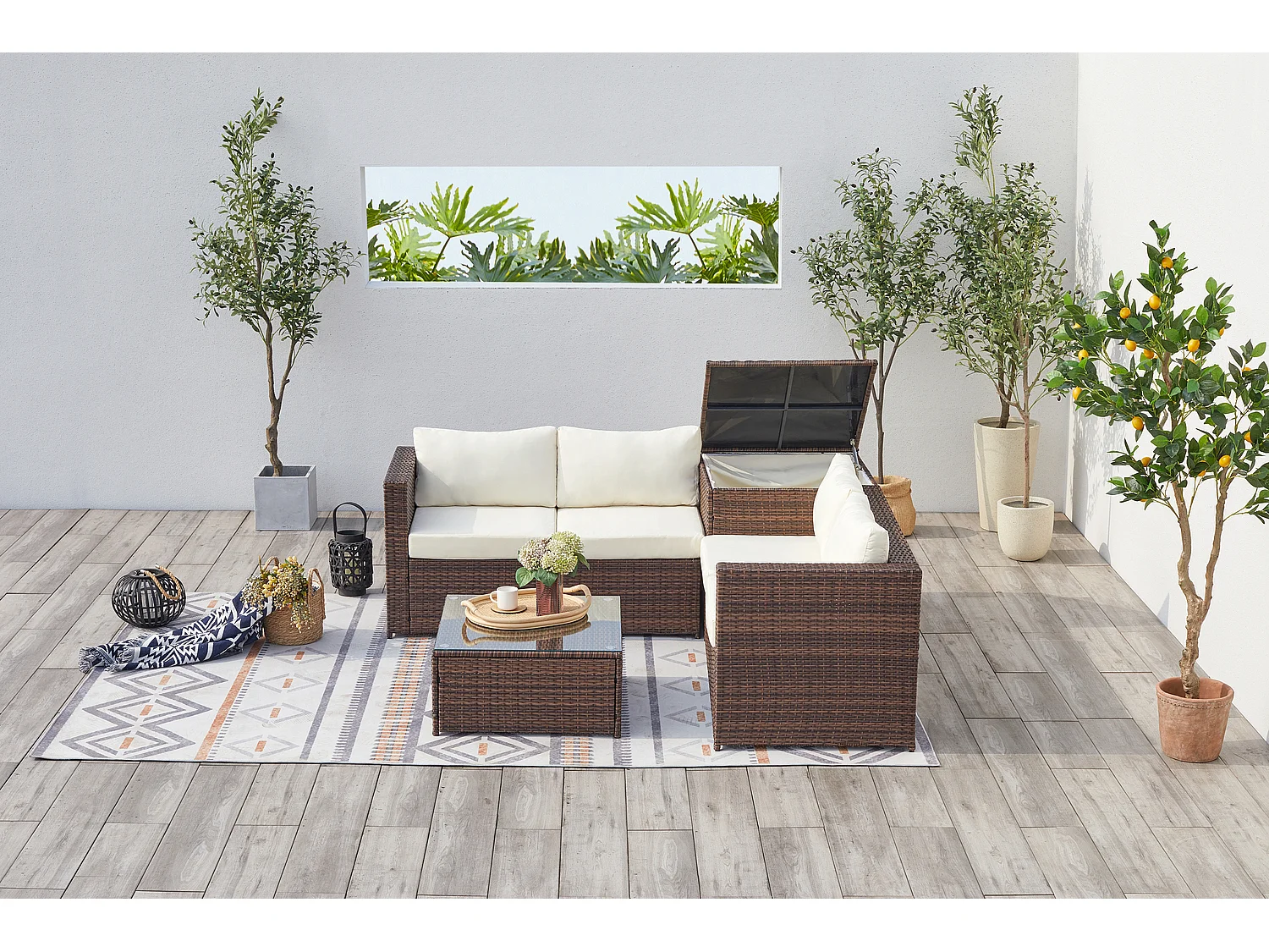 Salon de jardin en résine tressée 4 places avec coffre intégré marron et blanc SILANG