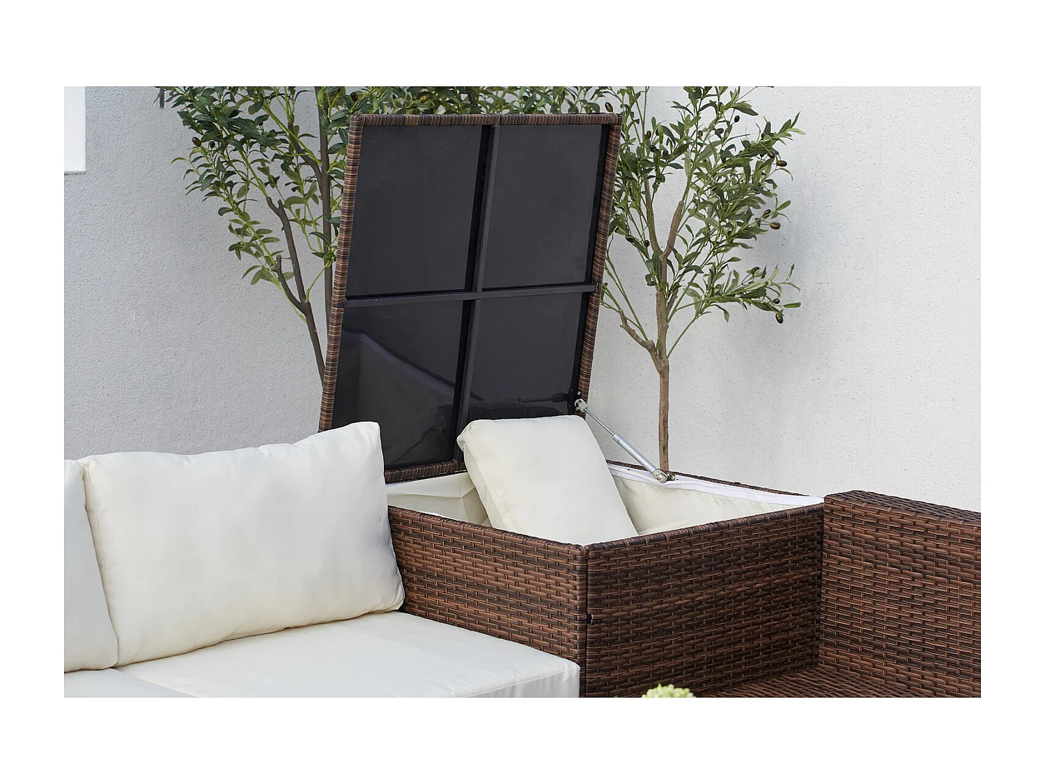 Salon de jardin en résine tressée 4 places avec coffre intégré marron et blanc SILANG