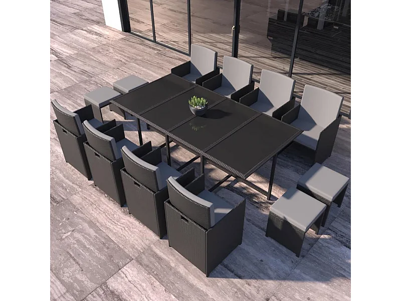 12-Sitzer Gartenmöbel-Set aus schwarz-grauem Polyrattan FLORIDA - Zeitgenössisches Design, 12 Sitze, verstaubar, abnehmbare Kissen