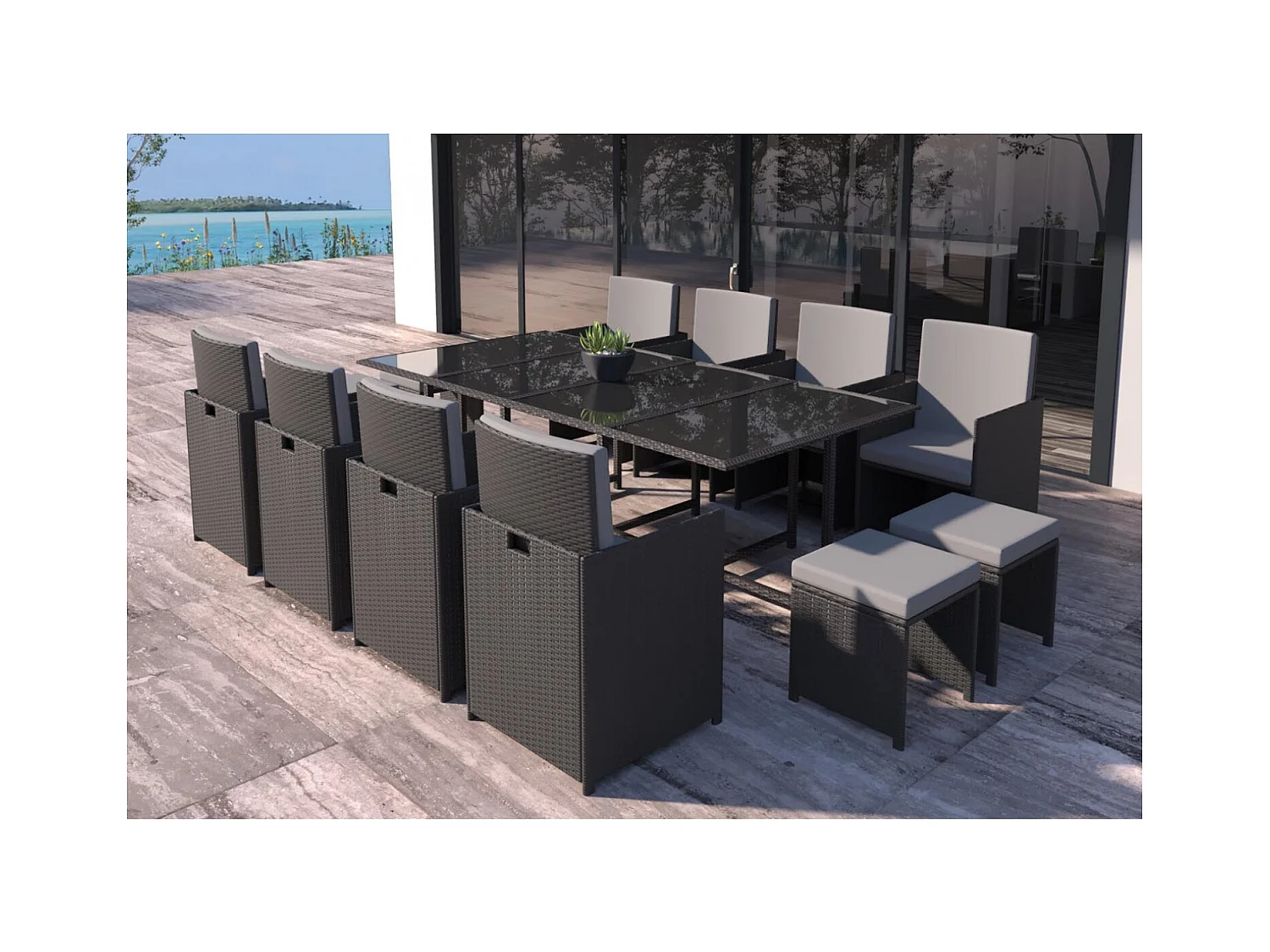 Salotto da giardino 12 posti in resina intrecciata nera e grigia FLORIDA