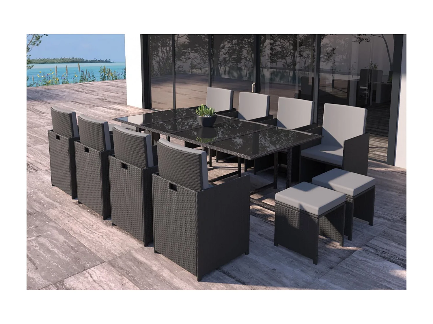 Conjunto de jardim 12 lugares em resina trançada preto/cinza FLORIDA - Design contemporâneo, 12 lugares, encaixável, almofadas removíveis