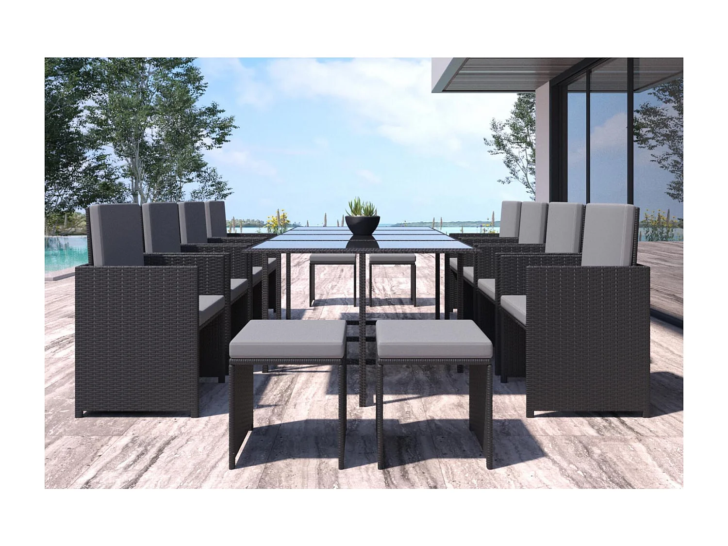 Conjunto de jardim 12 lugares em resina trançada preto/cinza FLORIDA - Design contemporâneo, 12 lugares, encaixável, almofadas removíveis