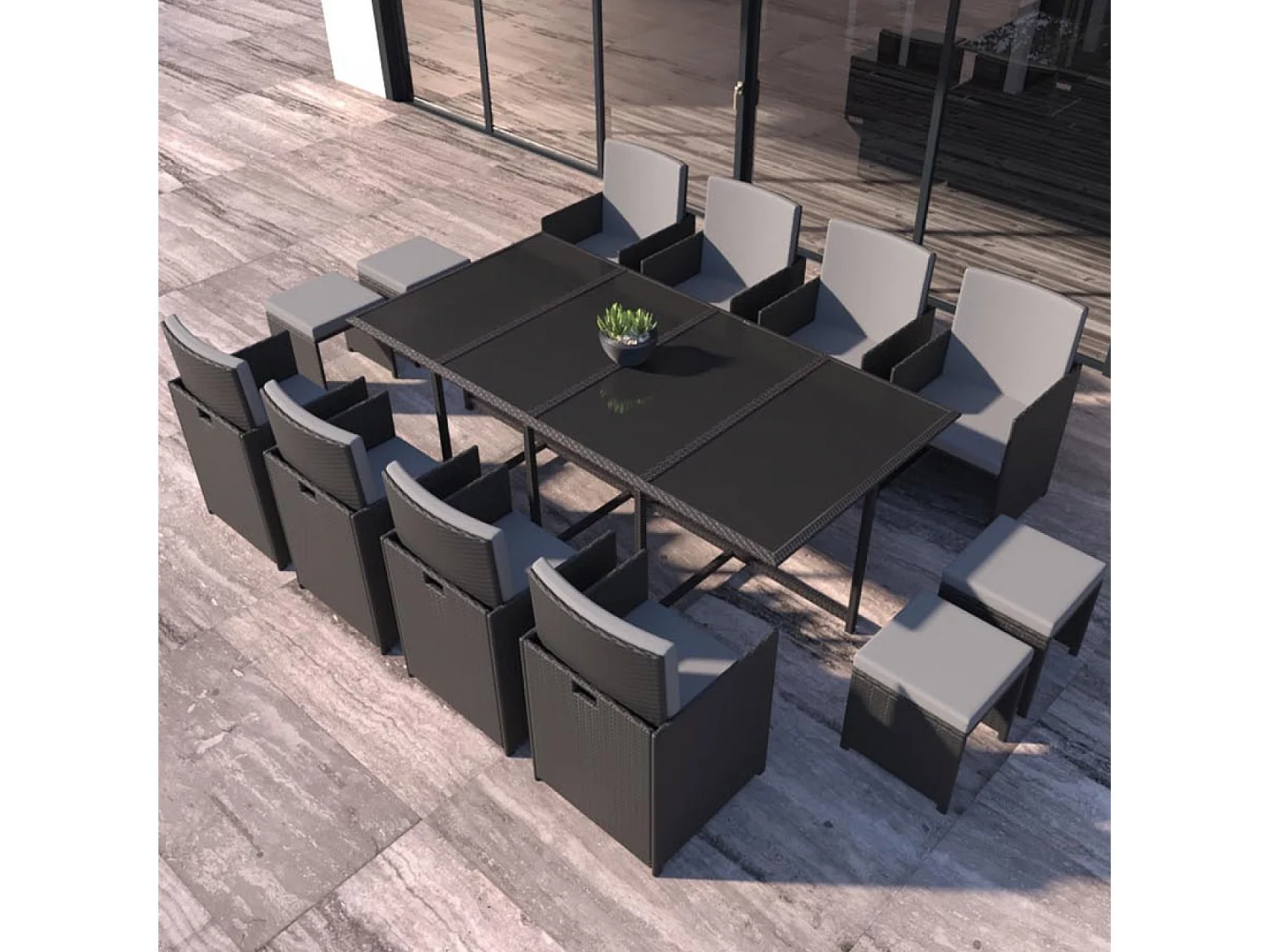Conjunto de jardim 12 lugares em resina trançada preto/cinza FLORIDA - Design contemporâneo, 12 lugares, encaixável, almofadas removíveis