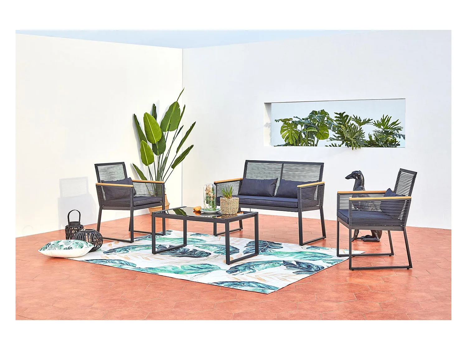 Conjunto de jardín bajo 5 plazas negro y madera MIHATA