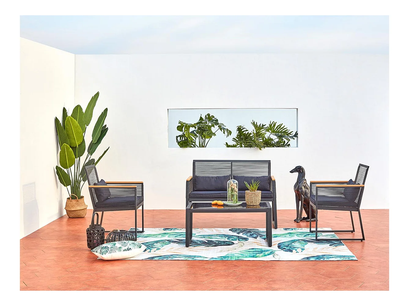 Conjunto de jardín bajo 5 plazas negro y madera MIHATA