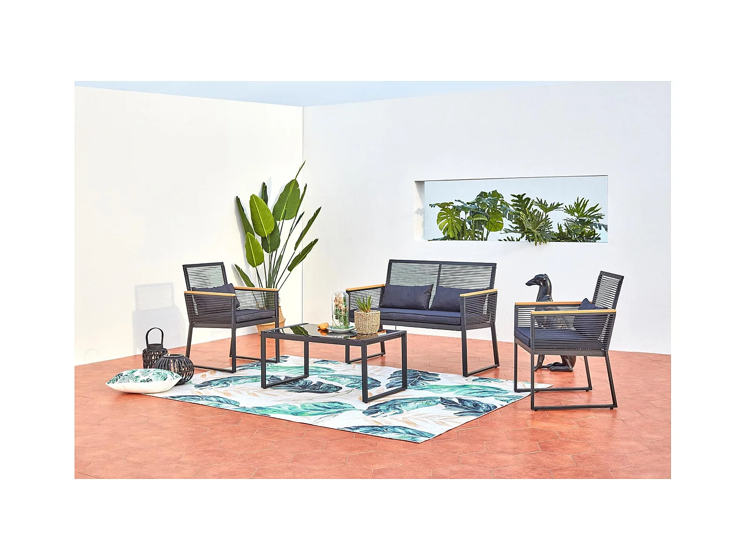 Conjunto de jardín bajo 5 plazas negro y madera MIHATA