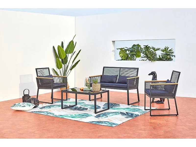 Conjunto de Jardim Baixo 5 Lugares Preto em Madeira MIHATA em Corda Preta e Madeira - Design Contemporâneo