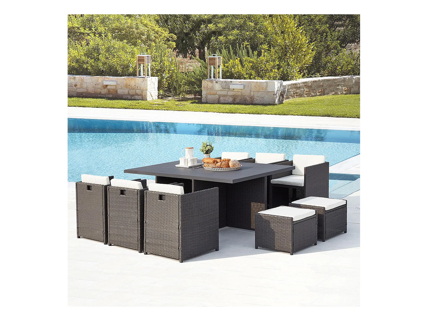 In elkaar passende tuinset met 10 plaatsen, gevlochten kunsthars en aluminium grijs/wit Sunset