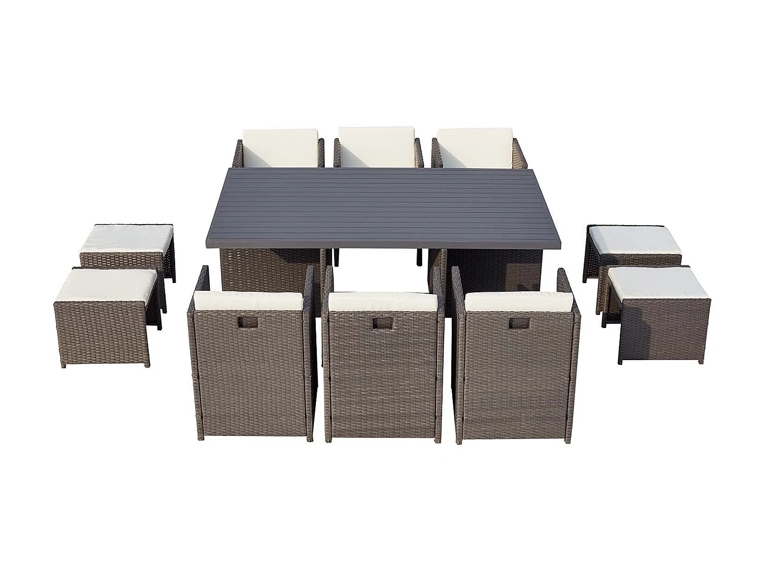 In elkaar passende tuinset met 10 plaatsen, gevlochten kunsthars en aluminium grijs/wit Sunset