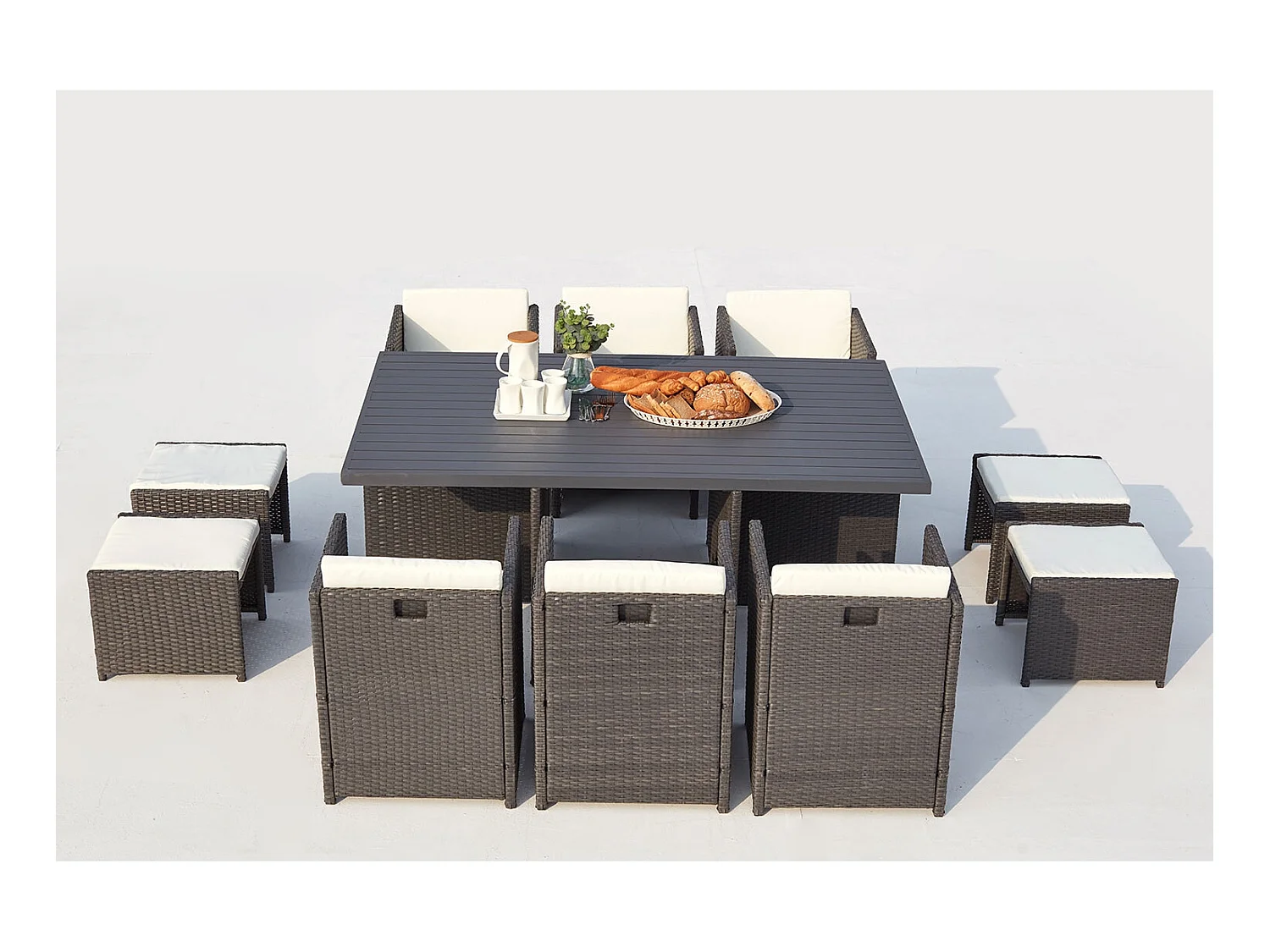 In elkaar passende tuinset met 10 plaatsen, gevlochten kunsthars en aluminium grijs/wit Sunset