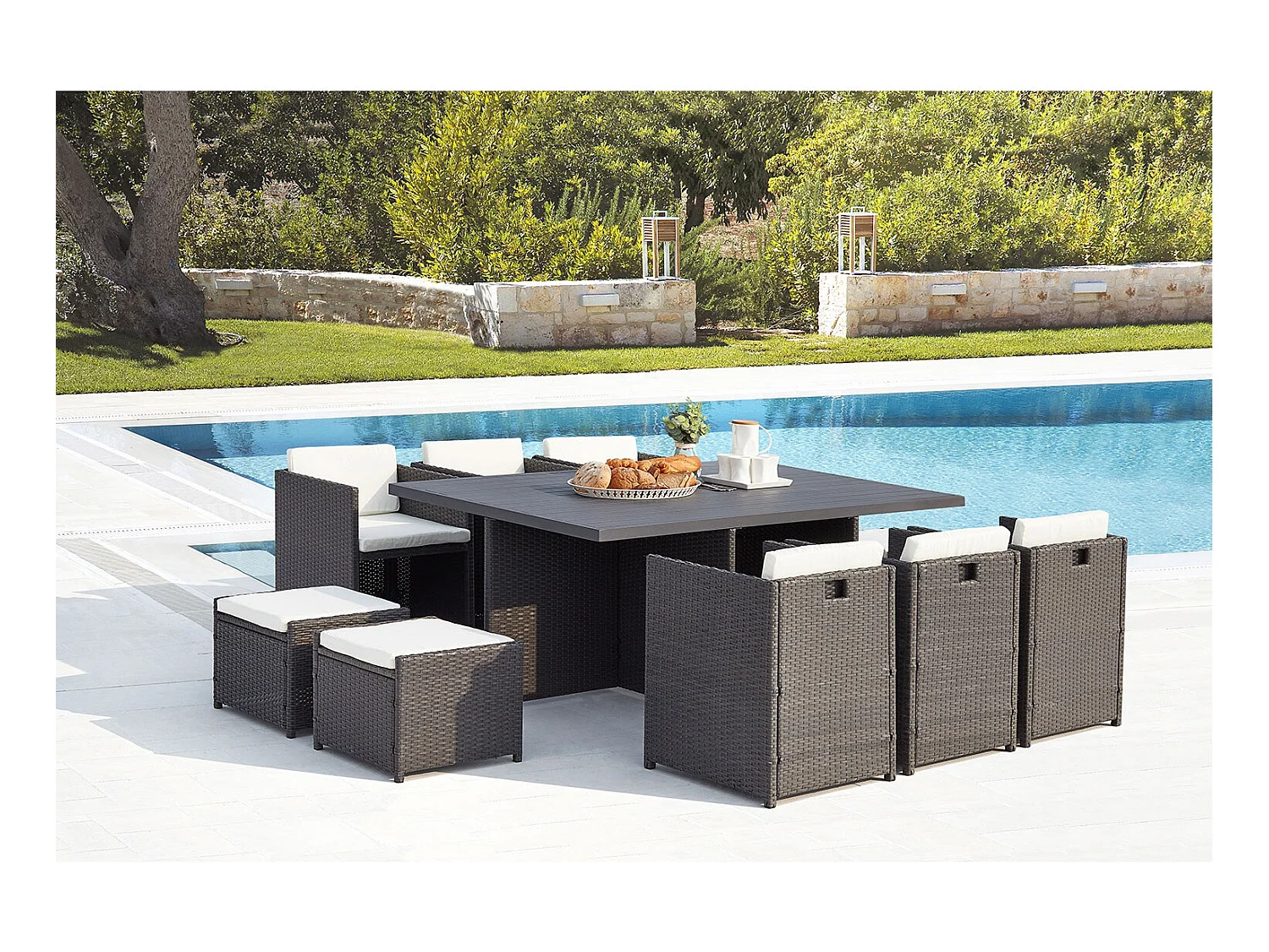 In elkaar passende tuinset met 10 plaatsen, gevlochten kunsthars en aluminium grijs/wit Sunset