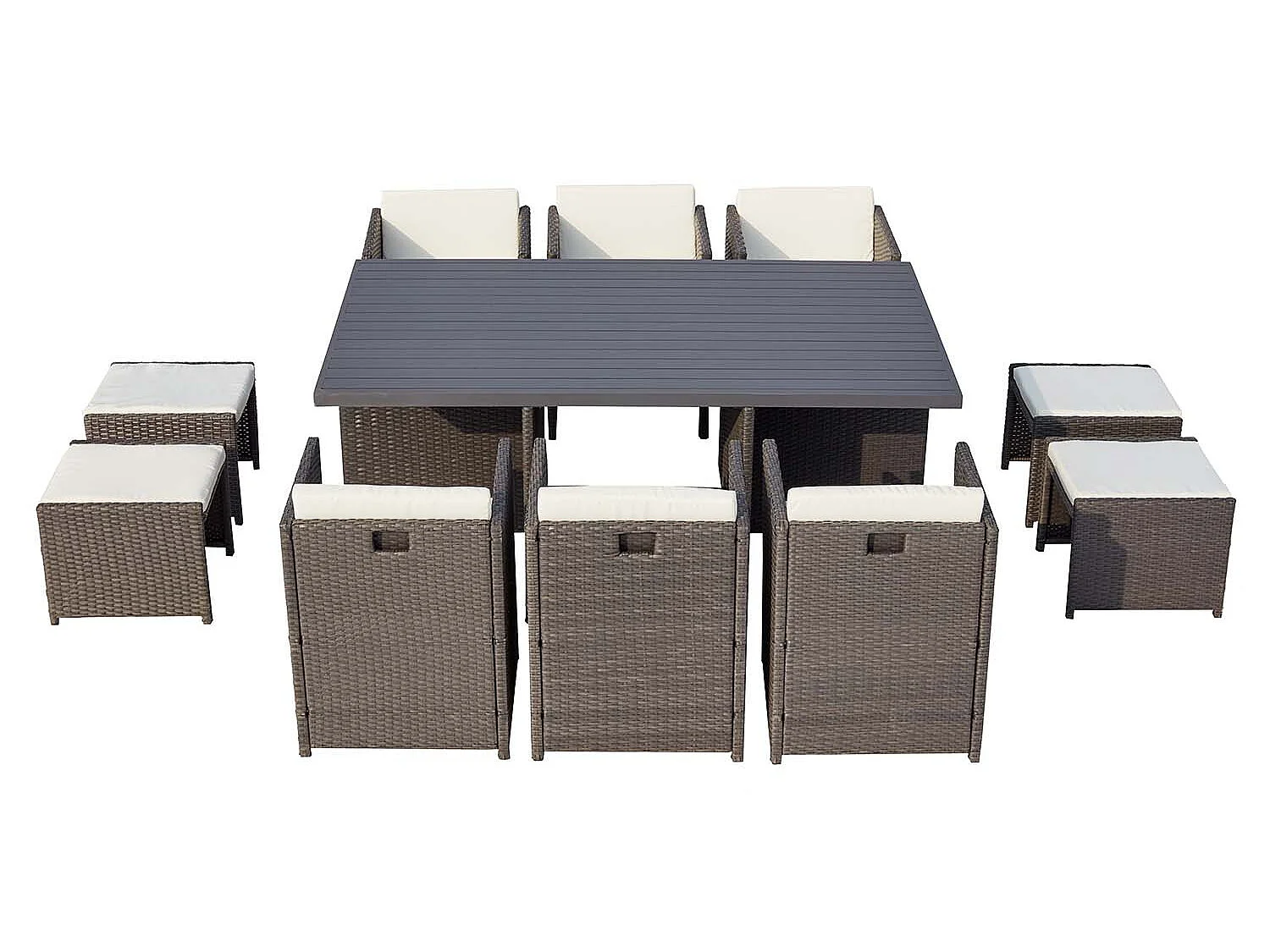Table et chaise 10 places encastrables alu résine gris-blanc SUNSET