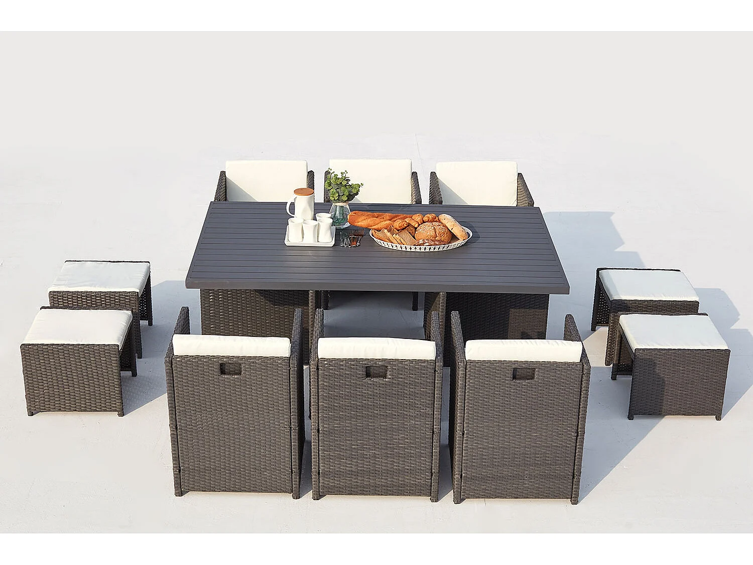 Table et chaise 10 places encastrables alu résine gris-blanc SUNSET