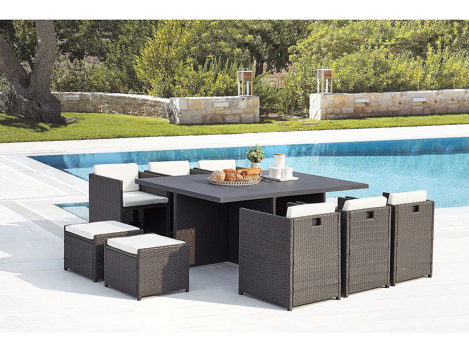 Table et chaise 10 places encastrables alu résine gris-blanc SUNSET