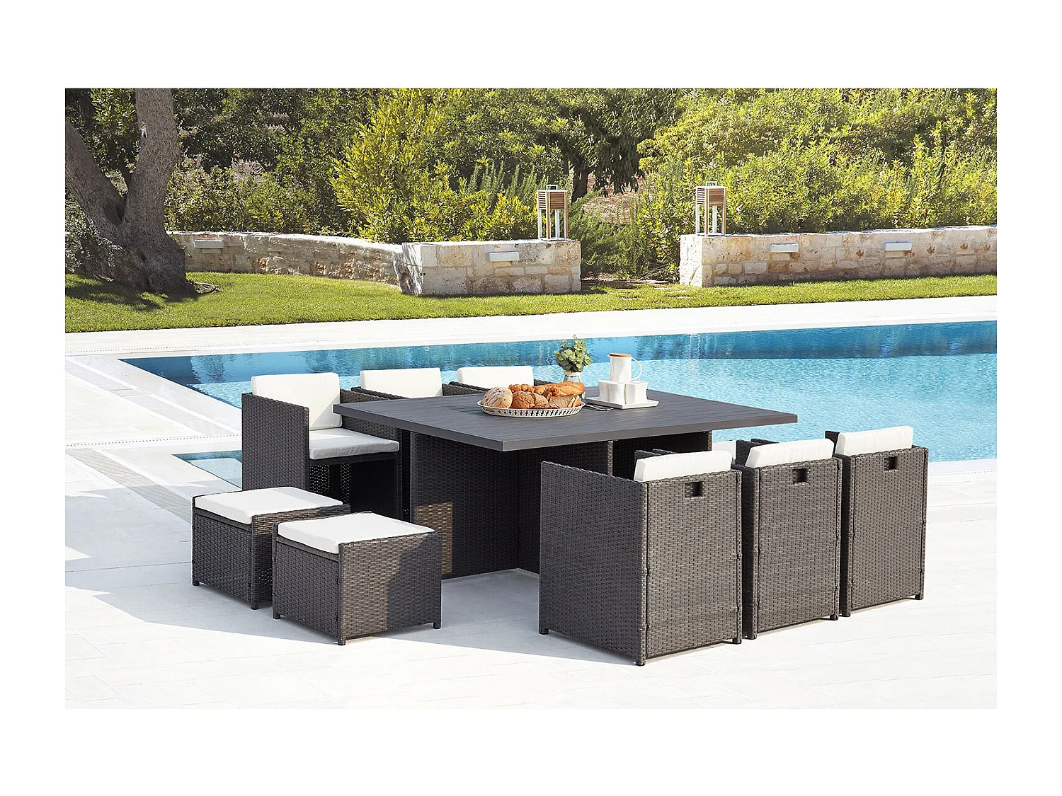 Salotto da giardino a incasso 10 posti resina intrecciata grigio/bianco SUNSET