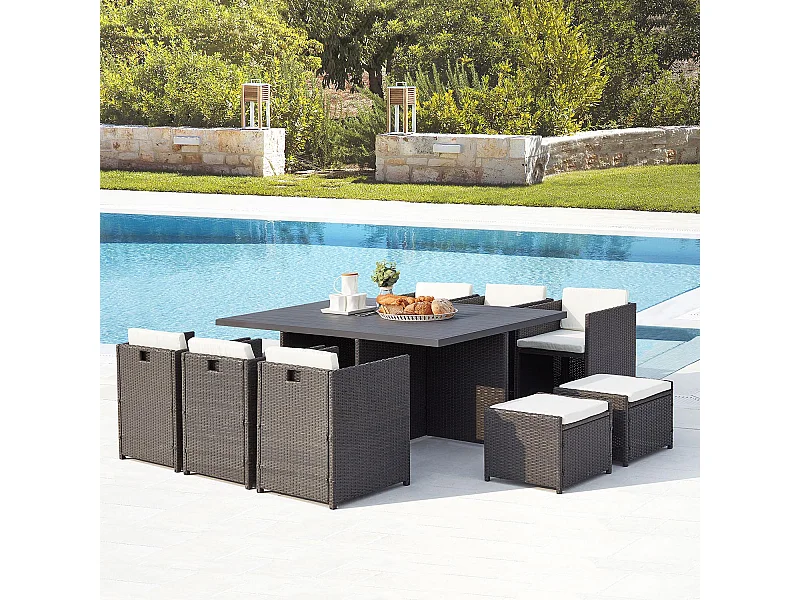 Table et chaise 10 places encastrables alu résine gris-blanc SUNSET