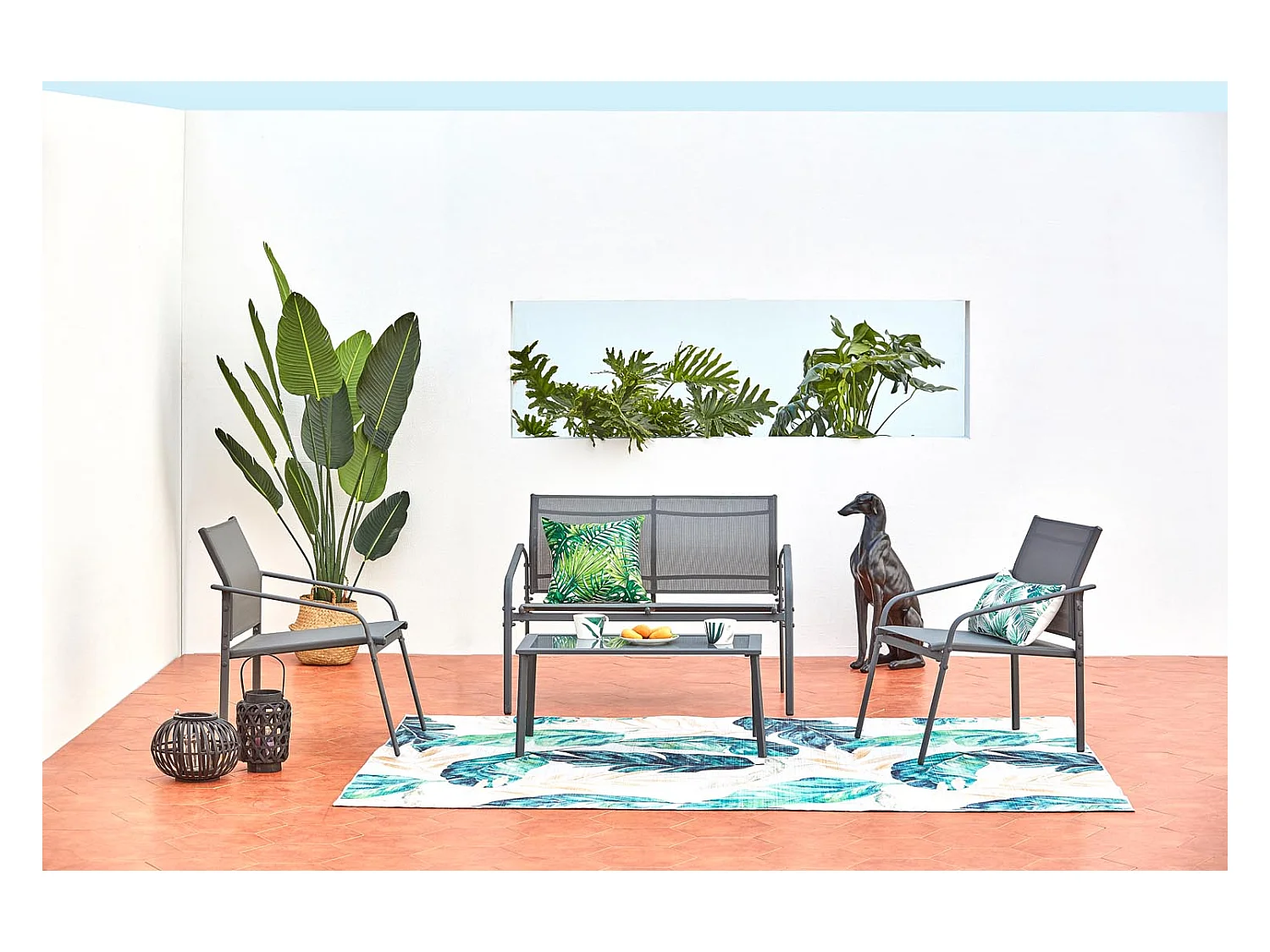 Salon jardin bas gris 4 places en acier ETIORA