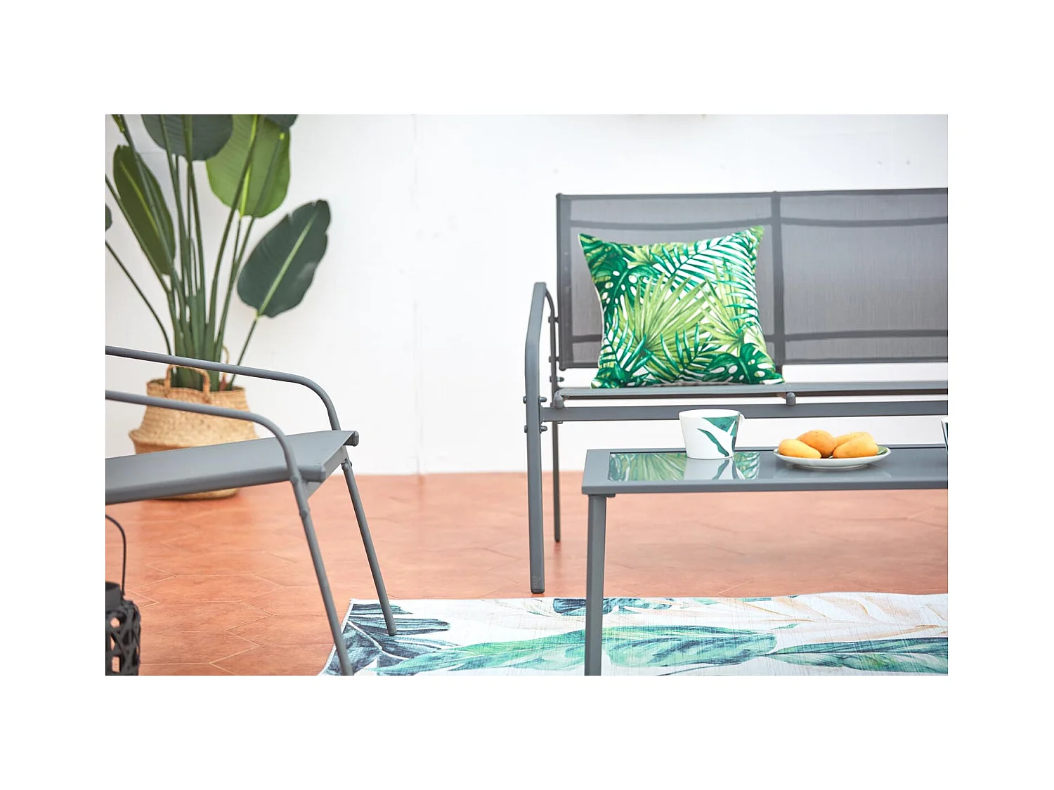 Salon jardin bas gris 4 places en acier ETIORA