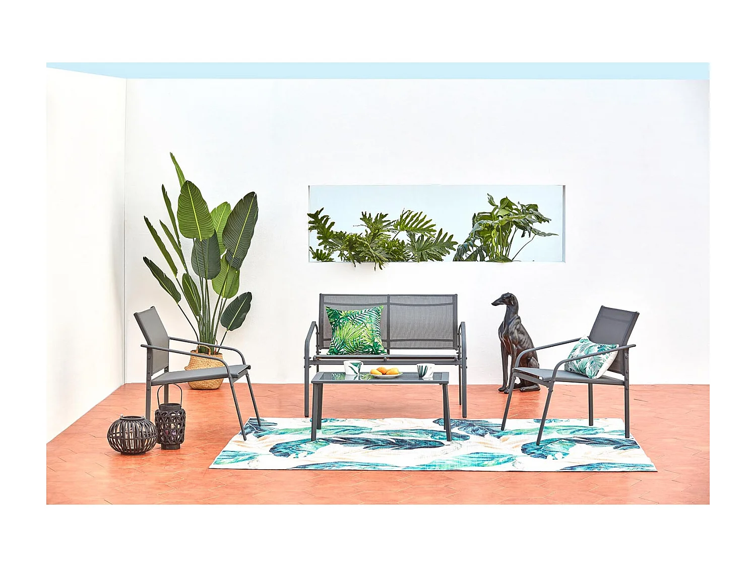 Conjunto de jardín bajo 4 plazas de acero gris ETIORA