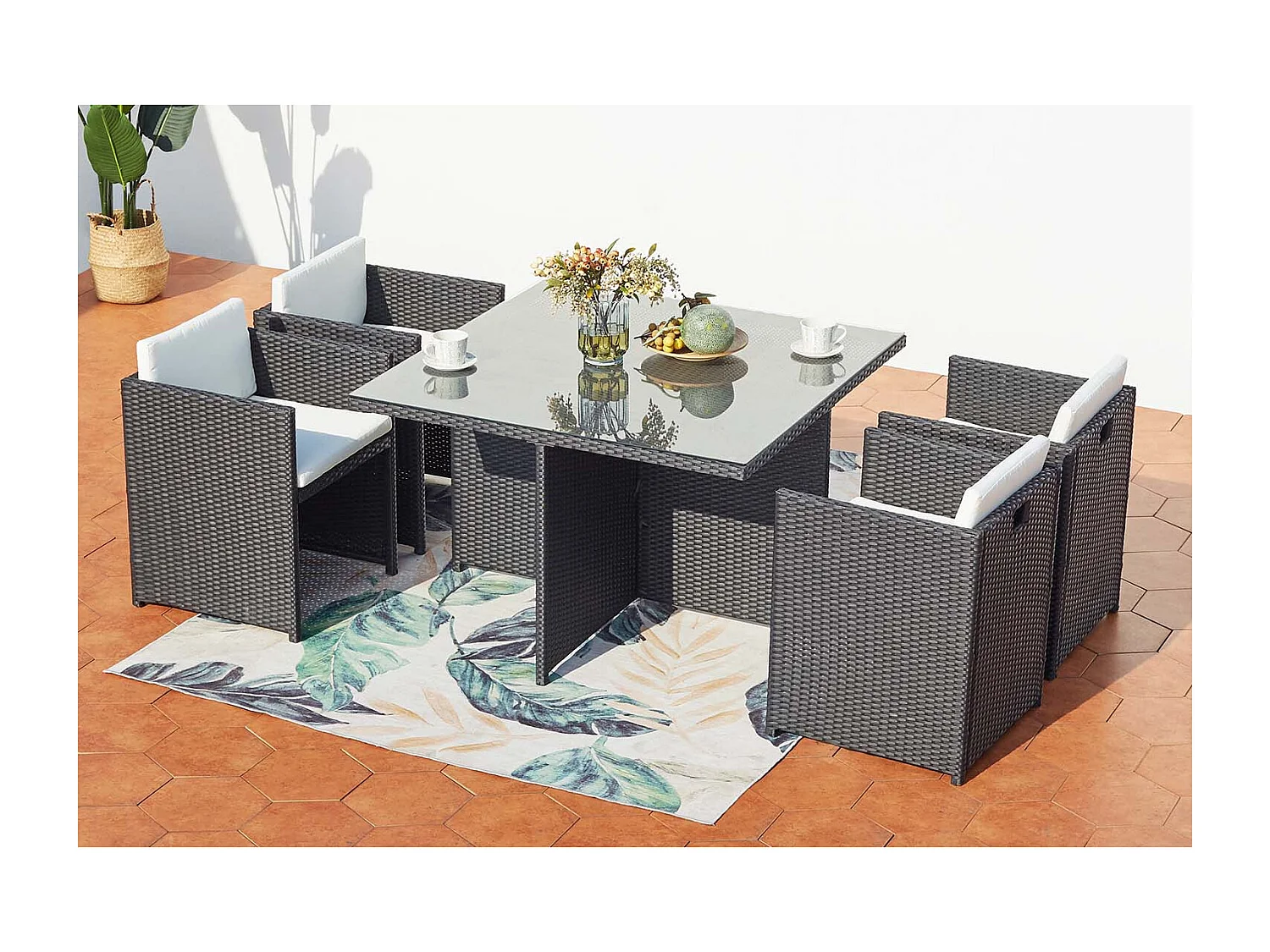 Salotto da giardino a incasso 4 posti resina intrecciata nero/bianco MIAMI