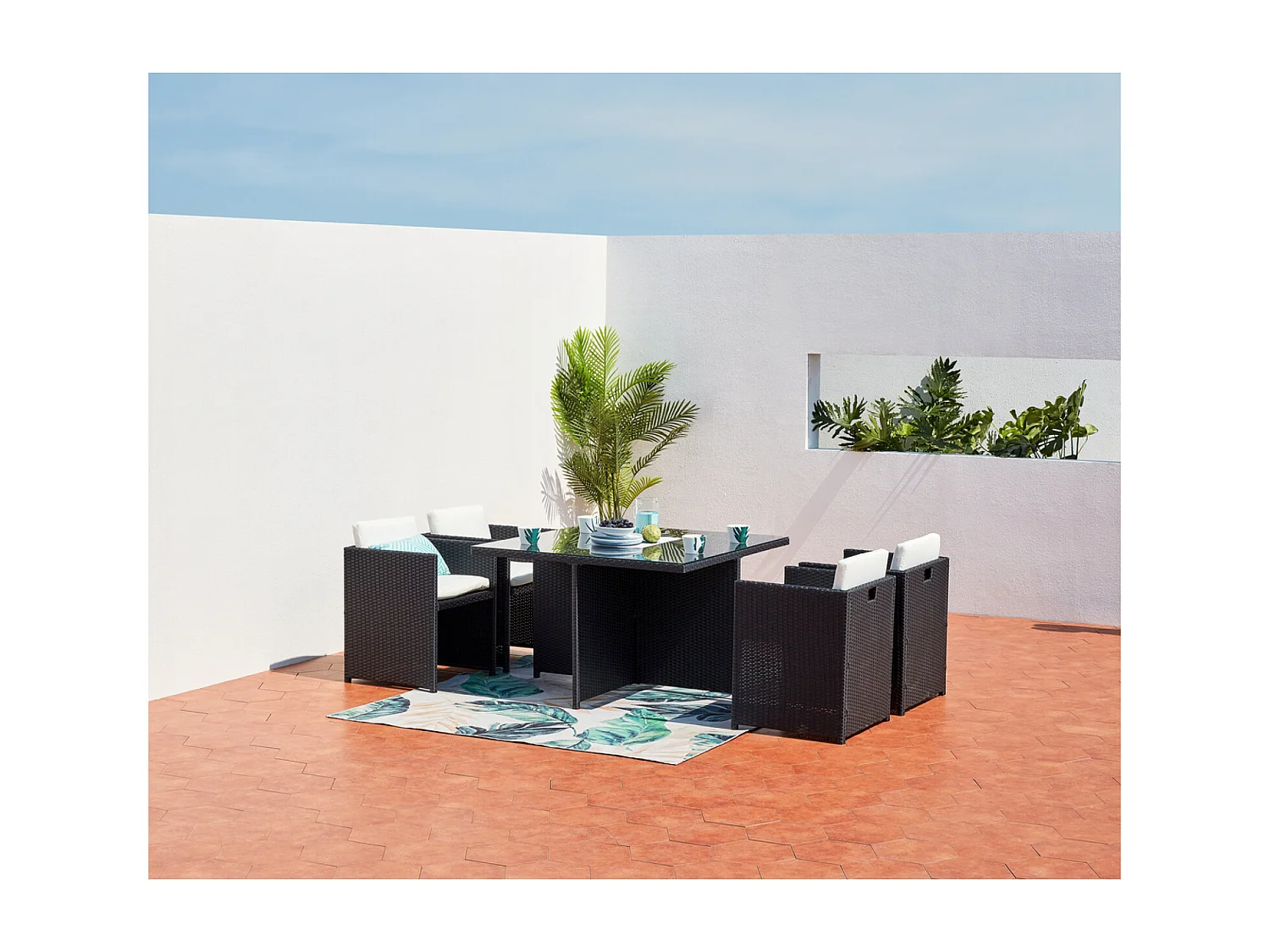 Salotto da giardino a incasso 4 posti resina intrecciata nero/bianco MIAMI