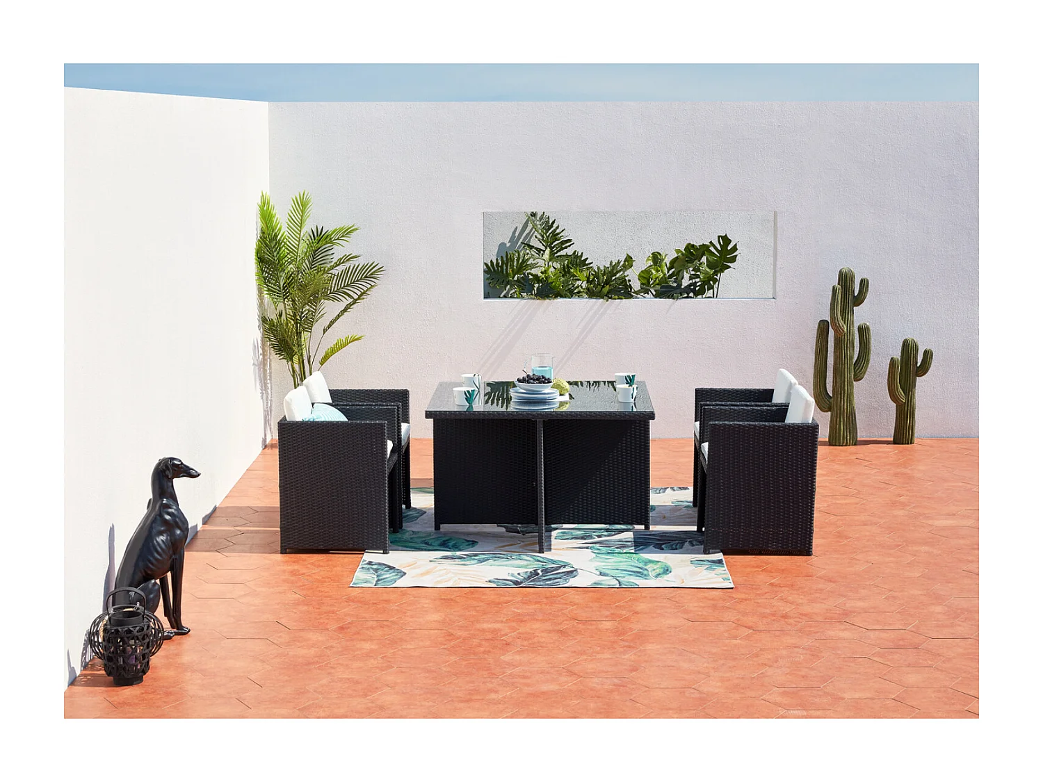 Salotto da giardino a incasso 4 posti resina intrecciata nero/bianco MIAMI