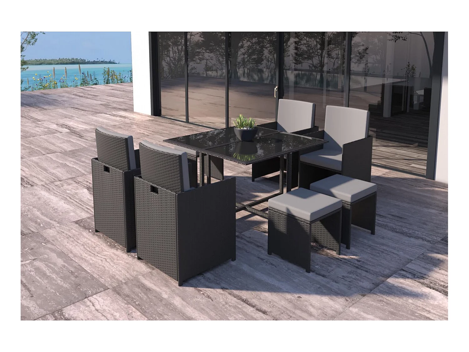 Gartenmöbel-Set aus schwarz/grauem Kunststoffgeflecht FLORIDA für 8 Personen