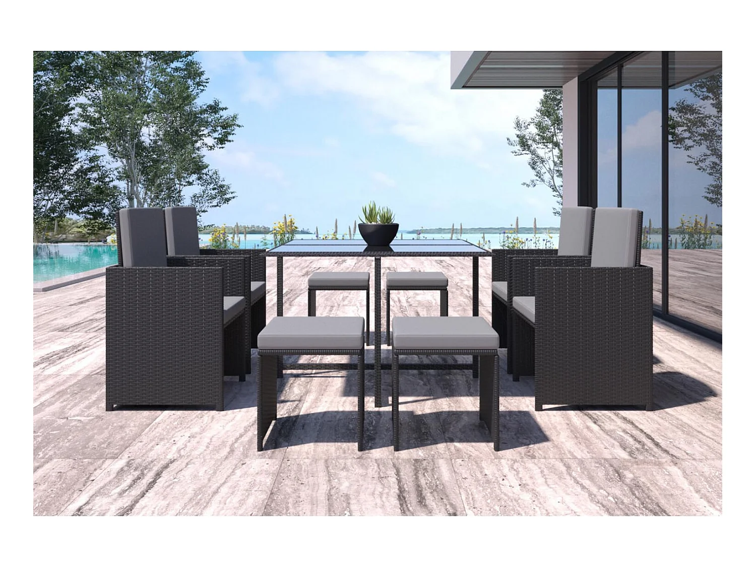 Gartenmöbel-Set aus schwarz/grauem Kunststoffgeflecht FLORIDA für 8 Personen