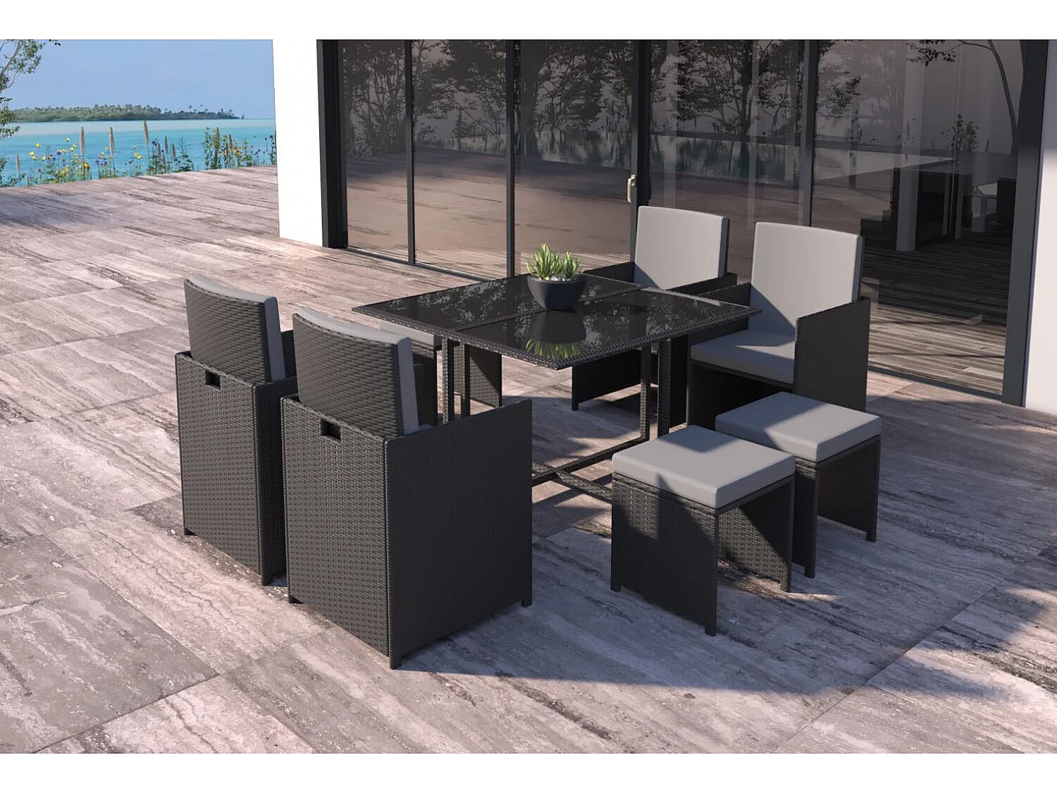 Table et chaises 8 places en résine tressée noir et gris FLORIDA