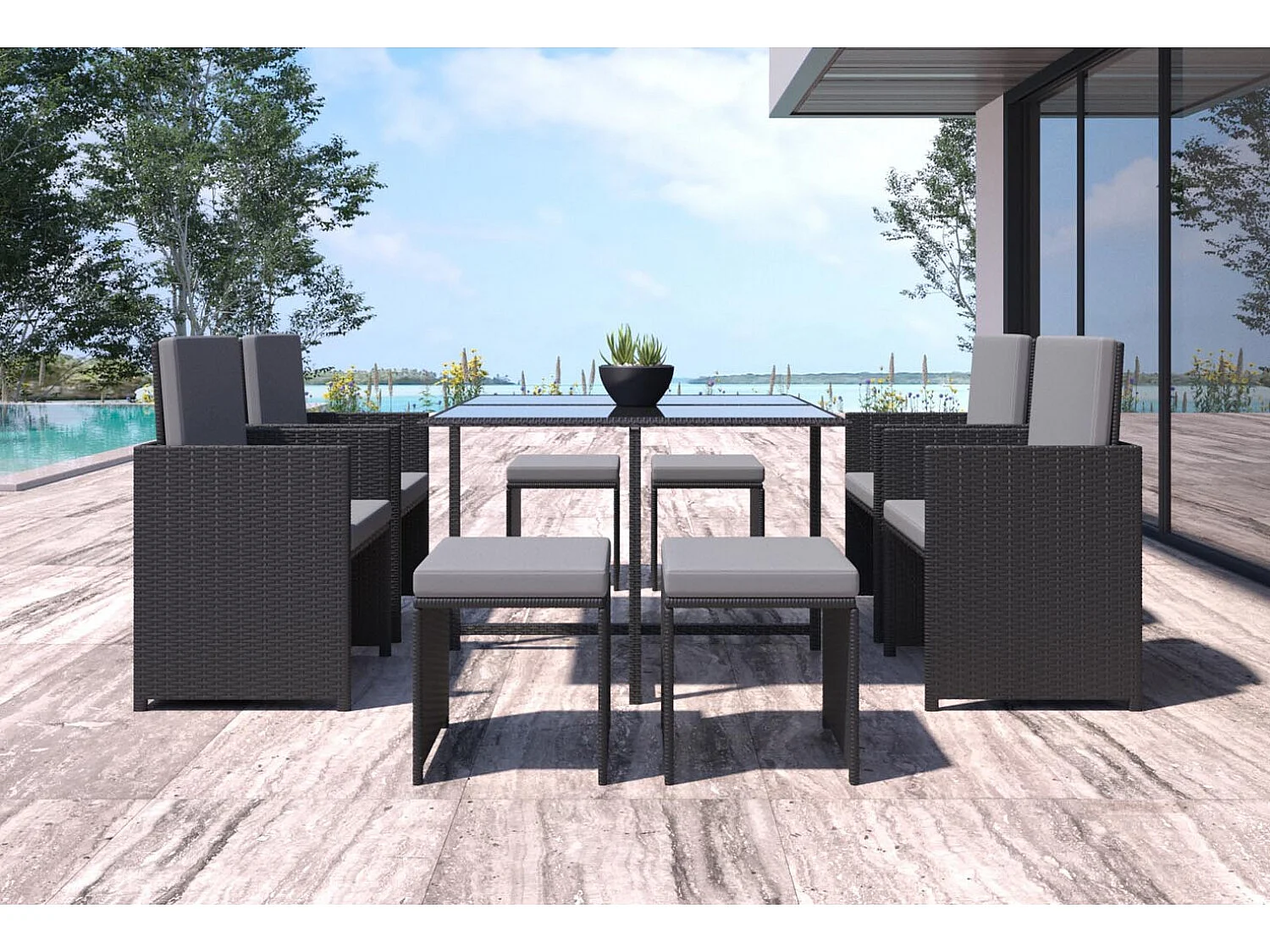 Table et chaises 8 places en résine tressée noir et gris FLORIDA
