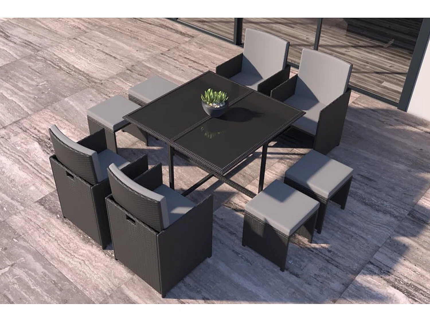 Table et chaises 8 places en résine tressée noir et gris FLORIDA