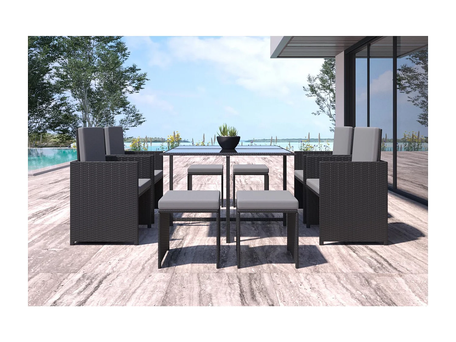 Table et chaises 8 places en résine tressée noir et gris FLORIDA