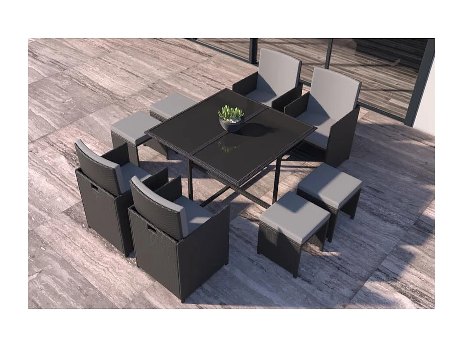 Table et chaises 8 places en résine tressée noir et gris FLORIDA