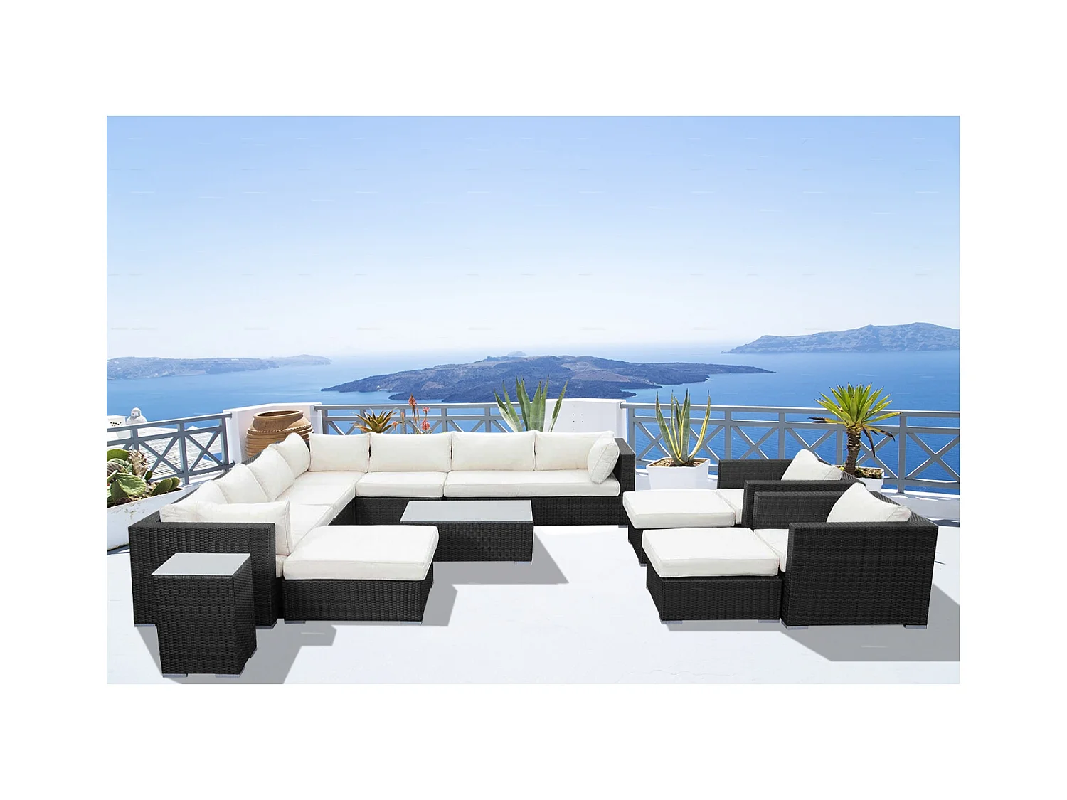 Salon de jardin modulable 13-14 places en résine noir-blanc STALLA