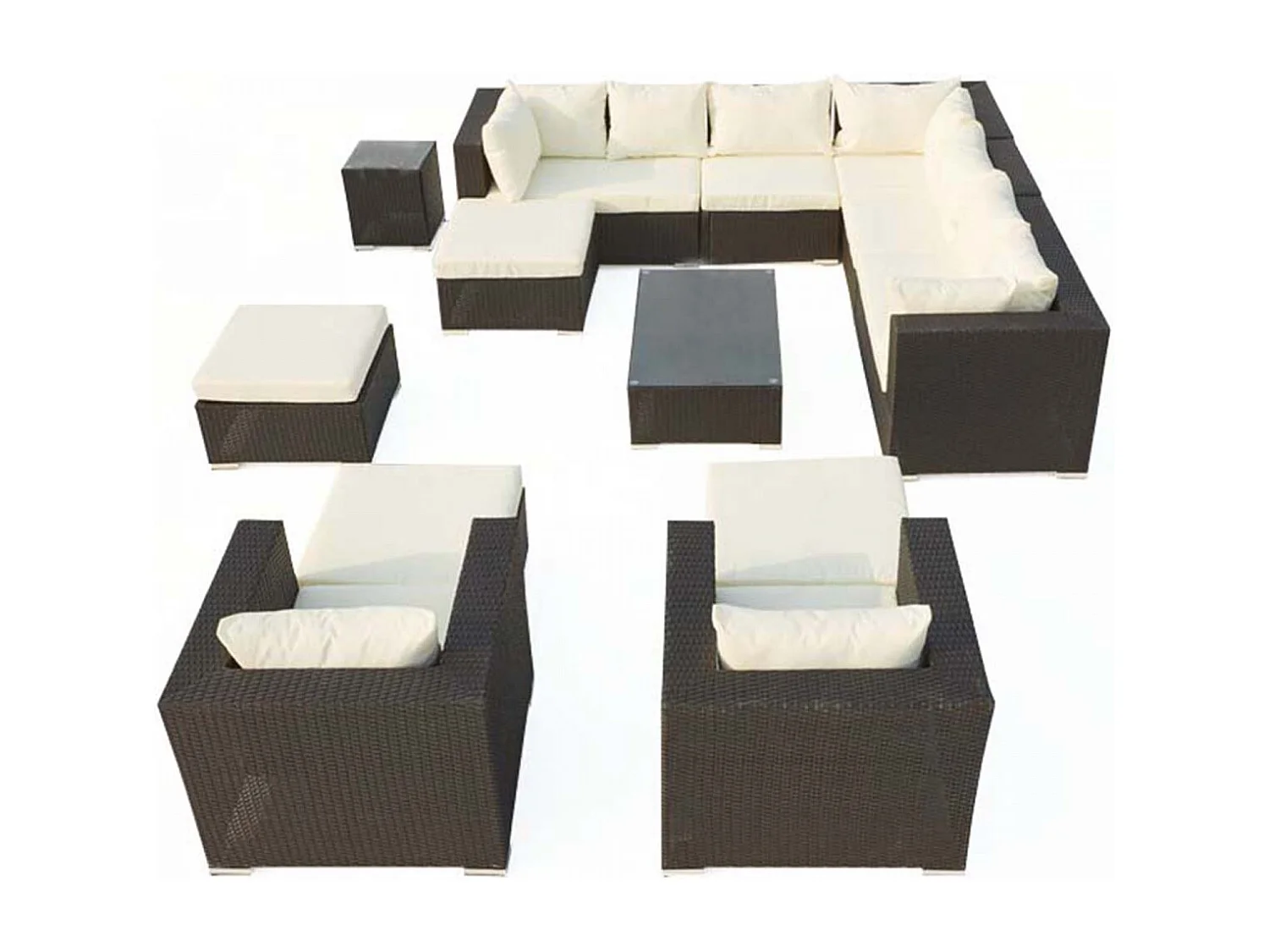 Modulaire Loungeset voor 13/14 Personen van Zwart Vlechtwerk met Witte Kussens STALLA