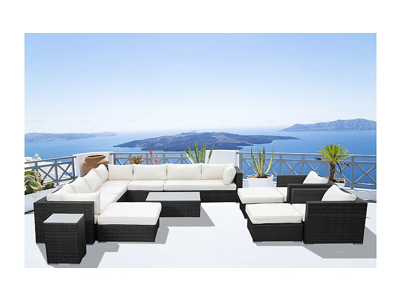 Modulaire Loungeset voor 13/14 Personen van Zwart Vlechtwerk met Witte Kussens STALLA